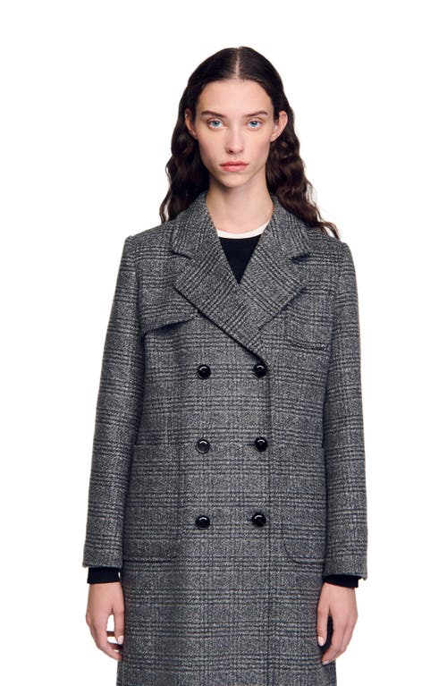 Shop Sandro Long Checked Coat In Grey