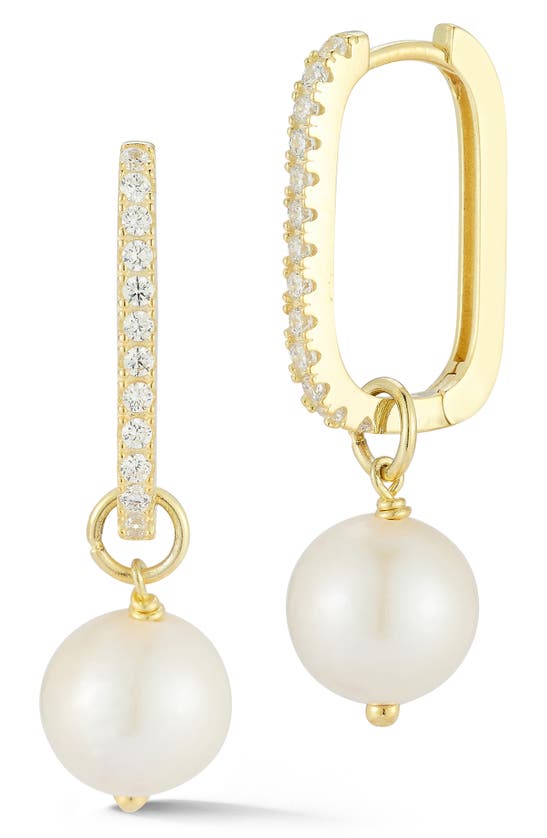 Sphera Milano 14k Gold Plated Sterling Silver Pavé Cz 9–9.5mm Cultured Pearl Drop Huggie Hoop Earrin In Gold