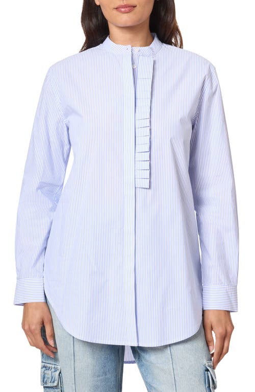 Ruffle Placket Oversize Button-Up Shirt in Mystic Blue And White Stripes