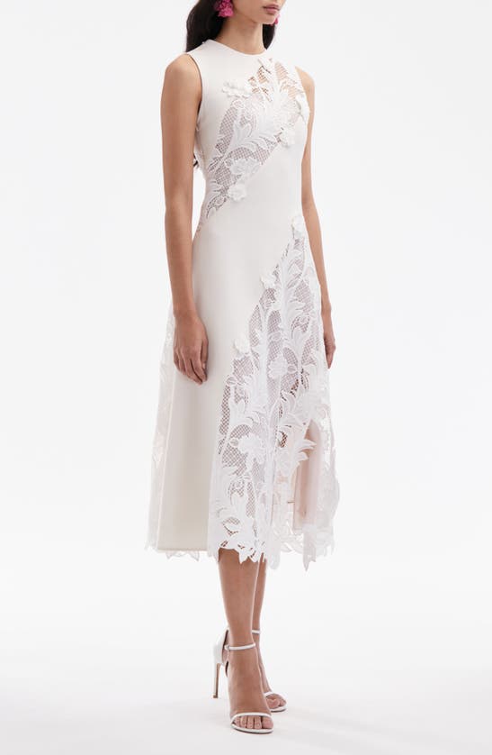 Shop Oscar De La Renta Marbled Carnation Guipure Inset Sleeveless Midi Dress In Off White