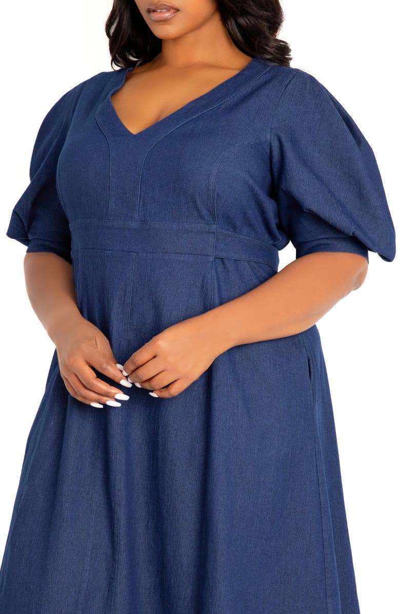BUXOM COUTURE Puff Sleeve Denim Midi Dress, Alternate, color, Denim Blue