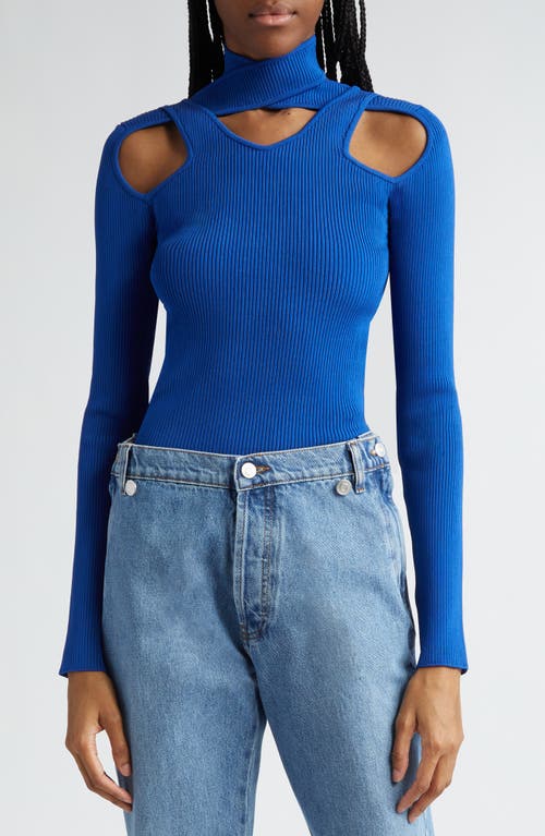 Coperni Cutout Crossover Mock Neck Rib Sweater Blue at Nordstrom,