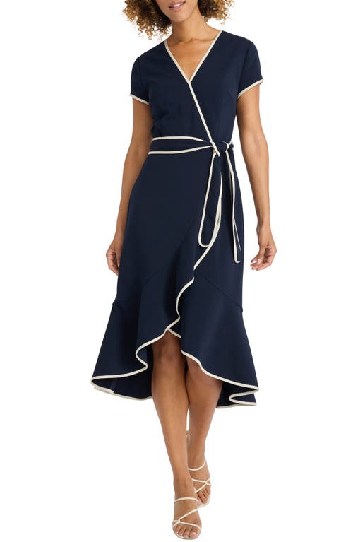 Shop Maggy London Short Sleeve Faux Wrap Dress In Twilight Navy