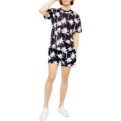 Topman Tech Palm Print Swim Trunks, Black