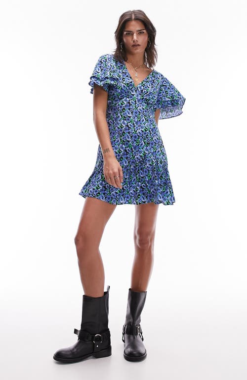 Angel Sleeve Floral Minidress in Mid Blue