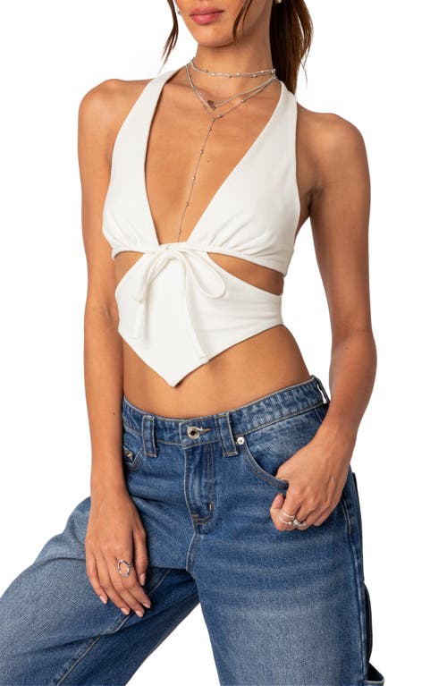 EDIKTED Cady Tie Front Halter Neck Stretch Cotton Top White at Nordstrom,