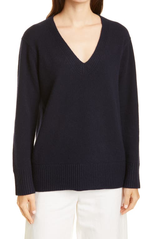 Vince Ribbed V-Neck Cashmere Tunic Sweater in Coastal Blue