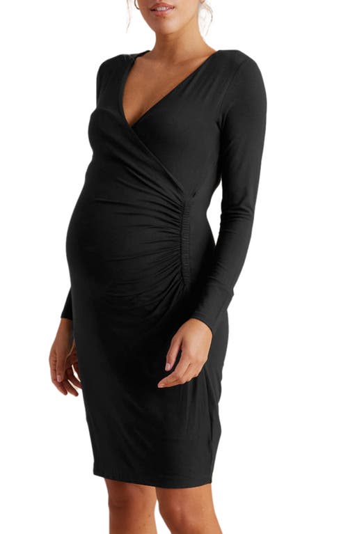 Long Sleeve Faux Wrap Maternity Dress in Black