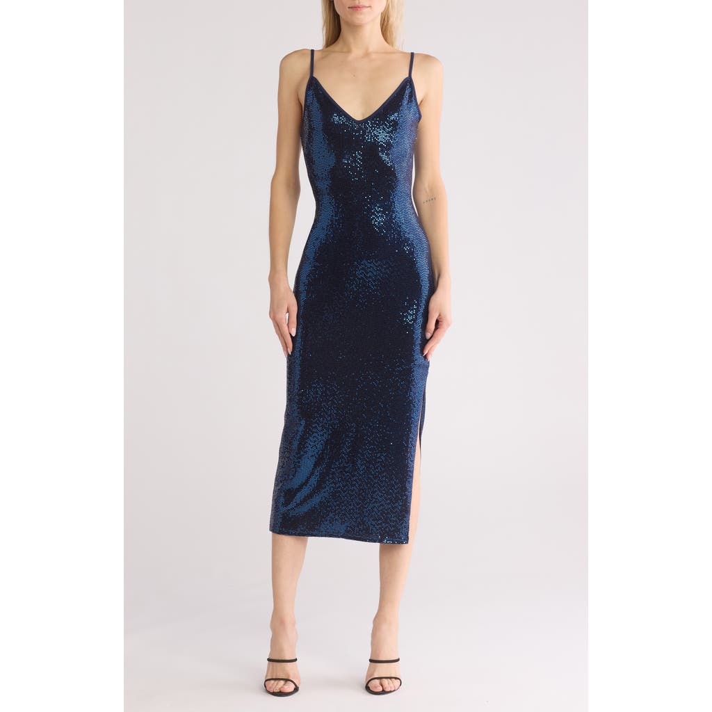 Bebe Disco Sequin Midi Dress In Navy