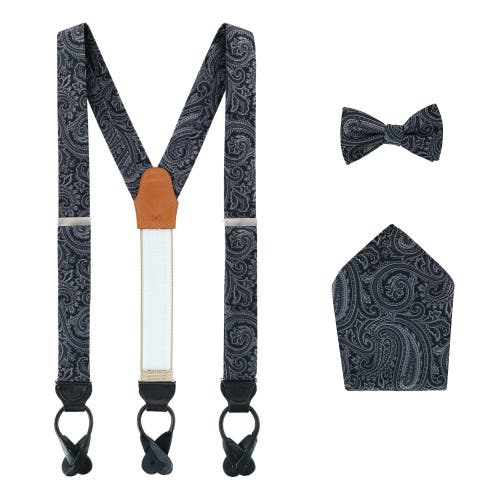 Trafalgar Sobee Paisley Brace Bow Tie & Pocket Square Set In Black