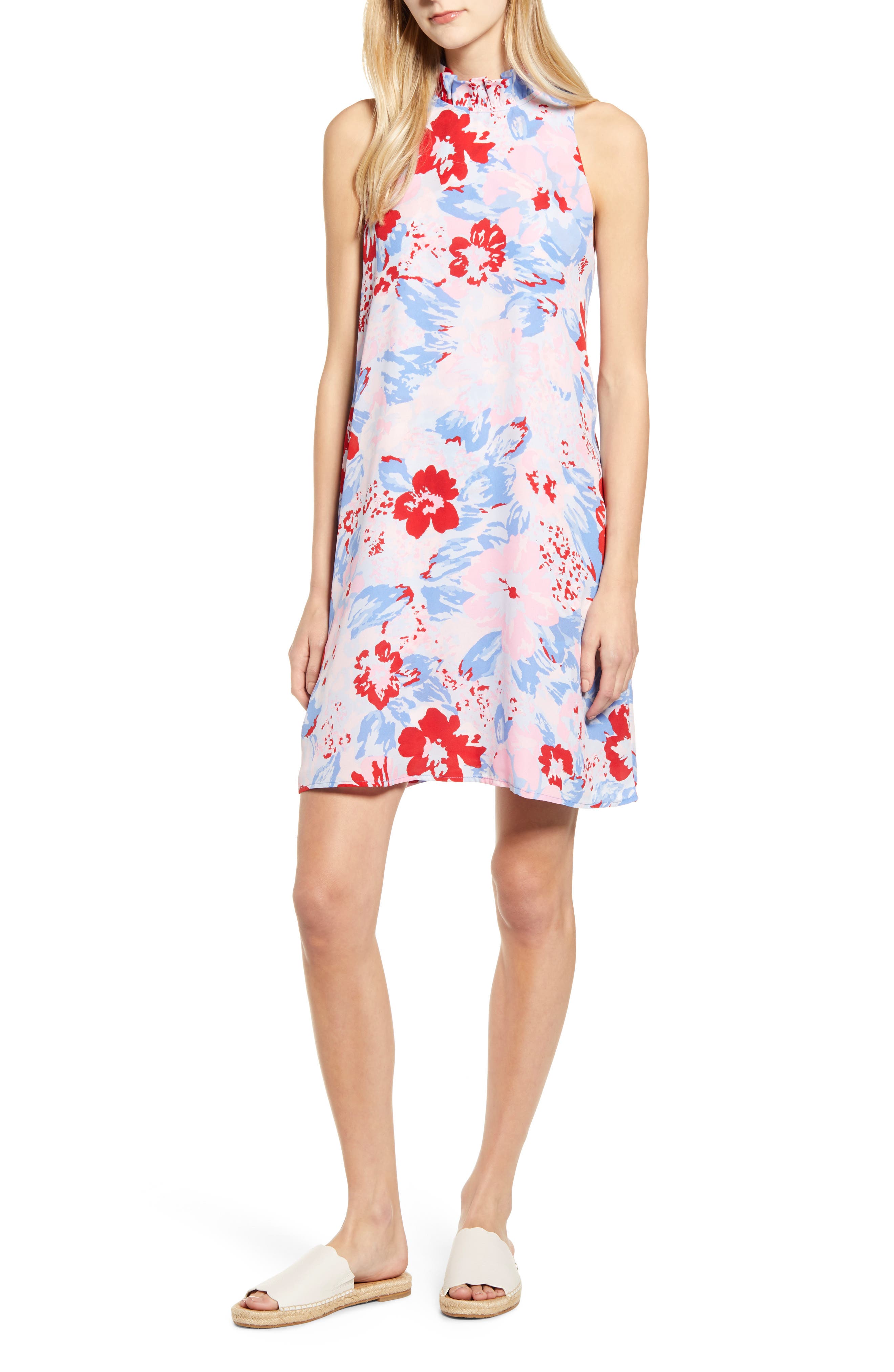 Petite Gibson X Hi Sugarplum! Cavallo Ruffle Neck Date Dress, Blue