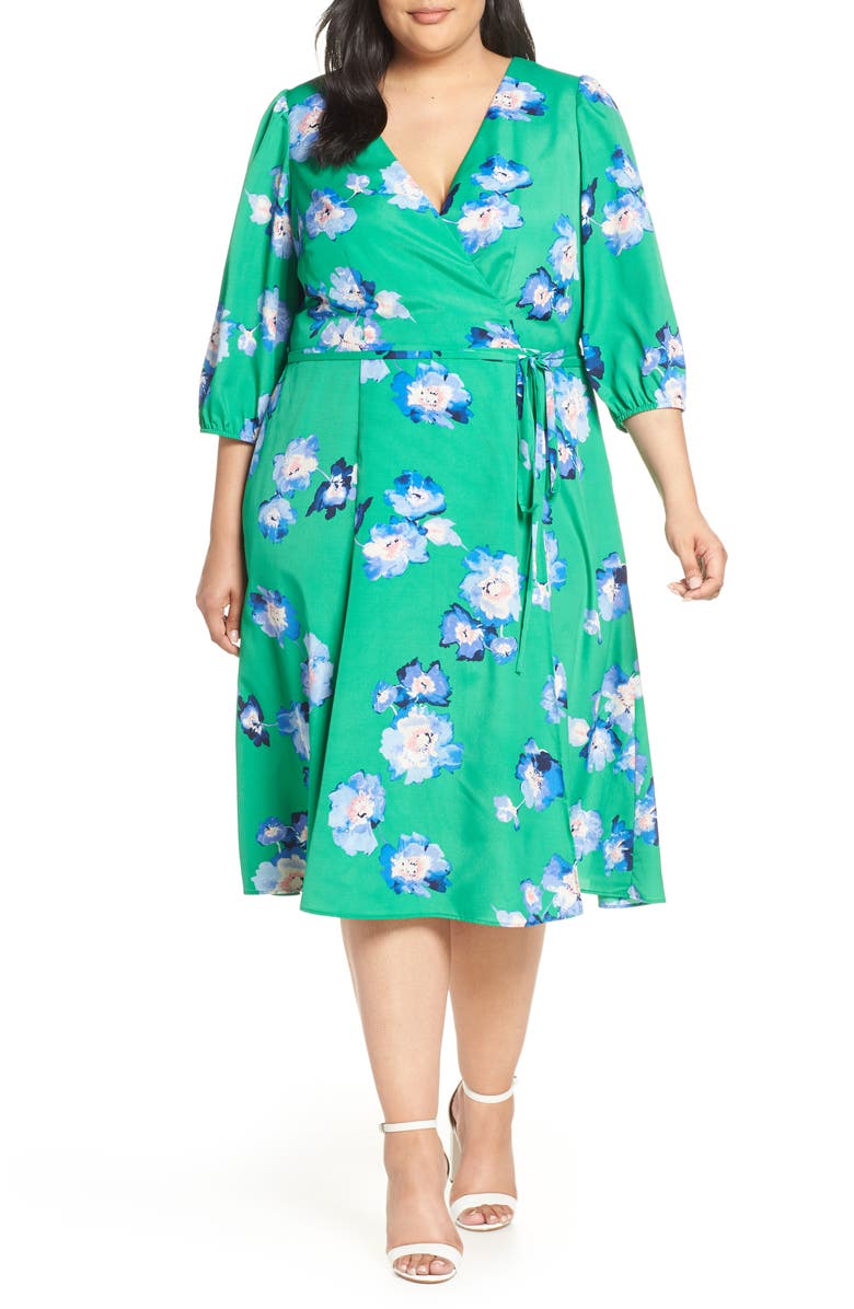 Eliza J Blouson Sleeve Wrap Midi Dress (Plus Size) | Nordstrom