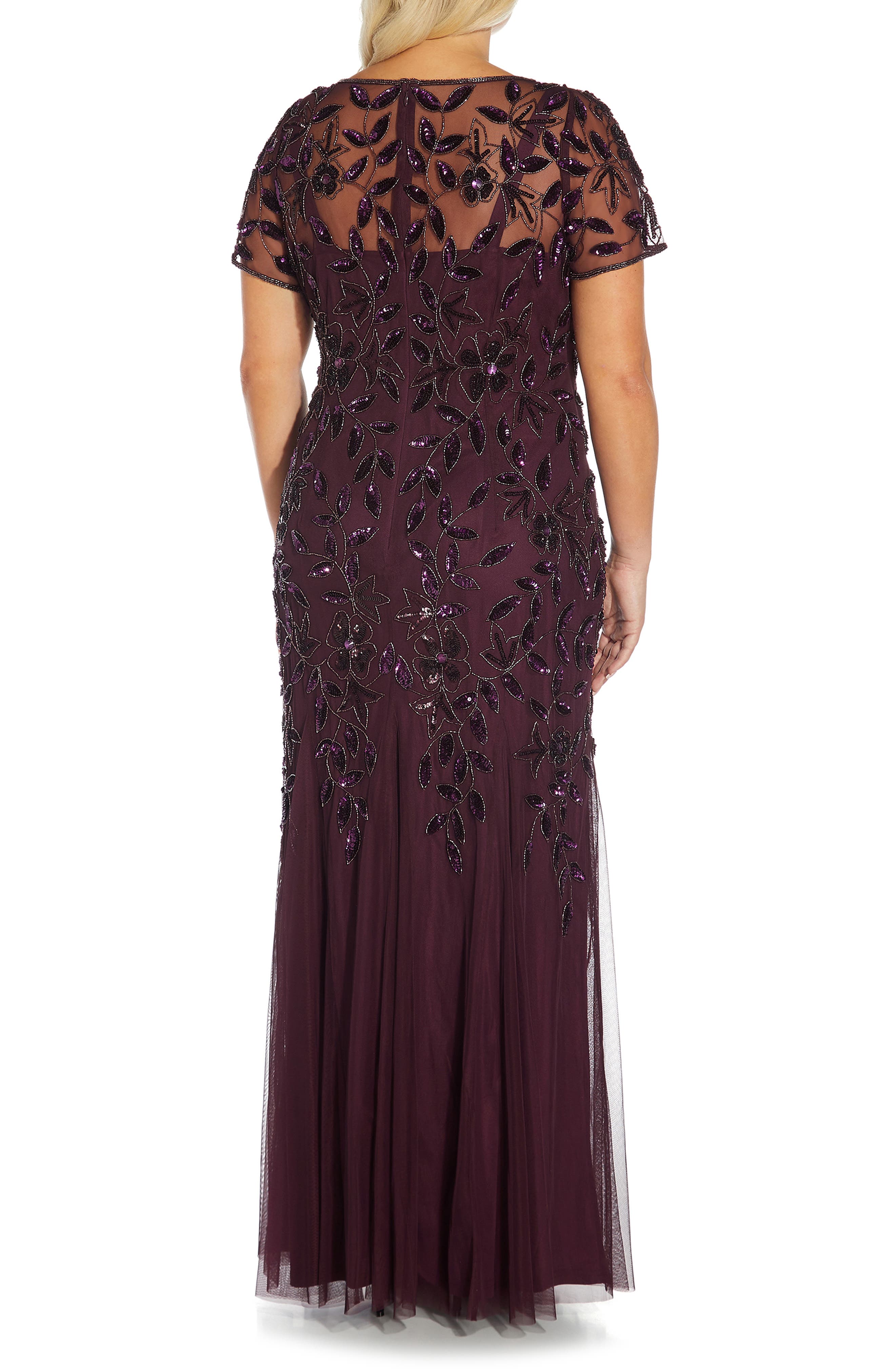 Adrianna Papell Beaded Floral Godet Gown in Night Plum | Smart Closet