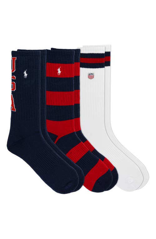 Polo Ralph Lauren Assorted 3-Pack Stripe & Solid Crew Socks in Blue Multi at Nordstrom, Size 10-13