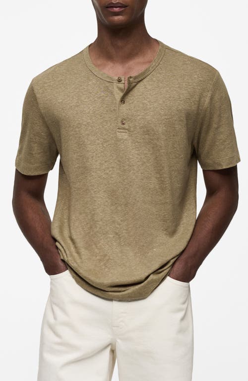 Shop Mango Slim Fit Linen Blend Henley In Khaki Green