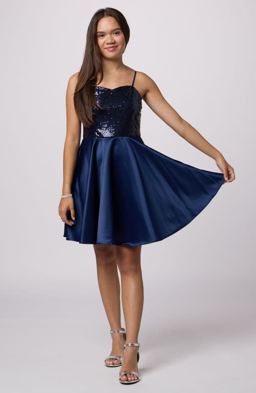 Shop Un Deux Trois Kids' Sequin & Satin Fit & Flare Dress In Navy