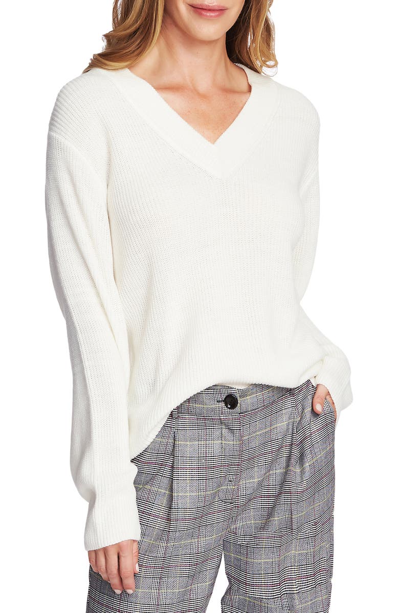 Ribbed V-Neck Sweater, Main, color, ANTIQUE WHITE