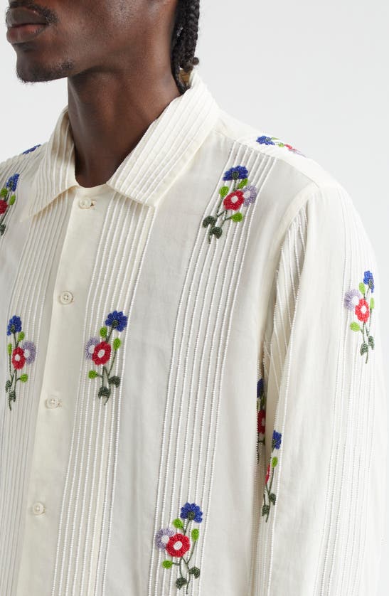 Shop Bode Beaded Wildflower Long Sleeve Cotton Button-up Shirt In White Multi