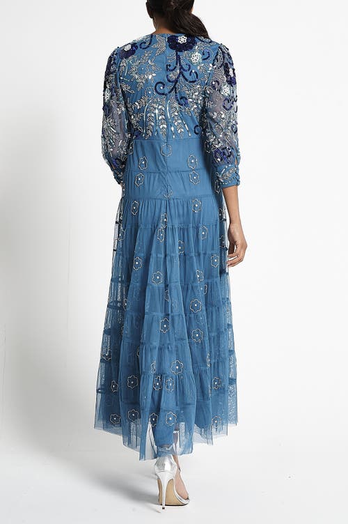 Shop Frock And Frill Long Sleeve Floral Embellished Gown In Majolica Blue