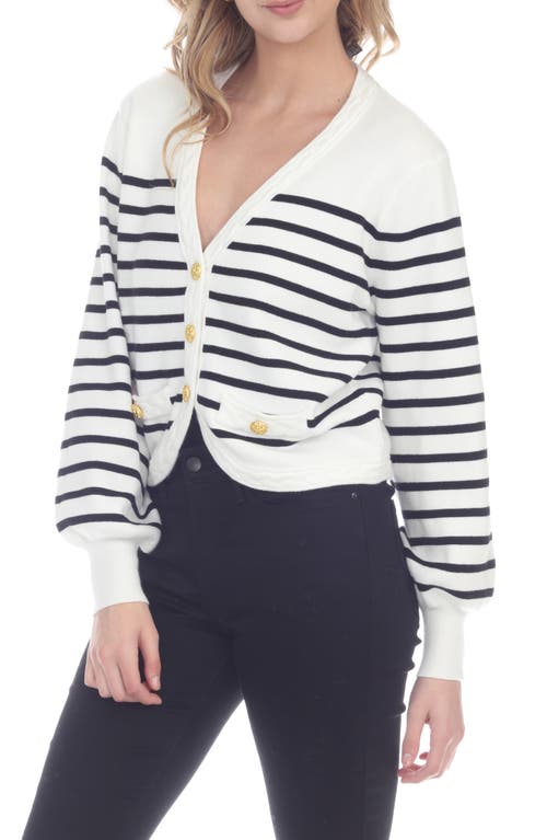 Rain And Rose Stripe Button Front Crop Cardigan In White/black
