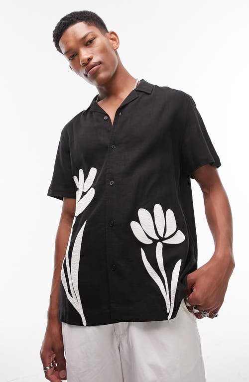 Topman Floral Appliqué Linen Blend Camp Shirt Black at Nordstrom,