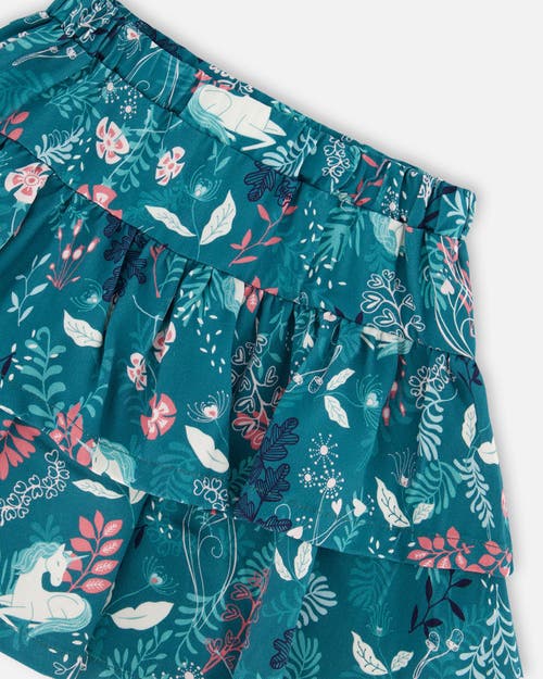 Shop Deux Par Deux Girl's Printed Flare Viscose Skirt Turquoise Printed Fairy Unicorn In Unicorn In The Fields