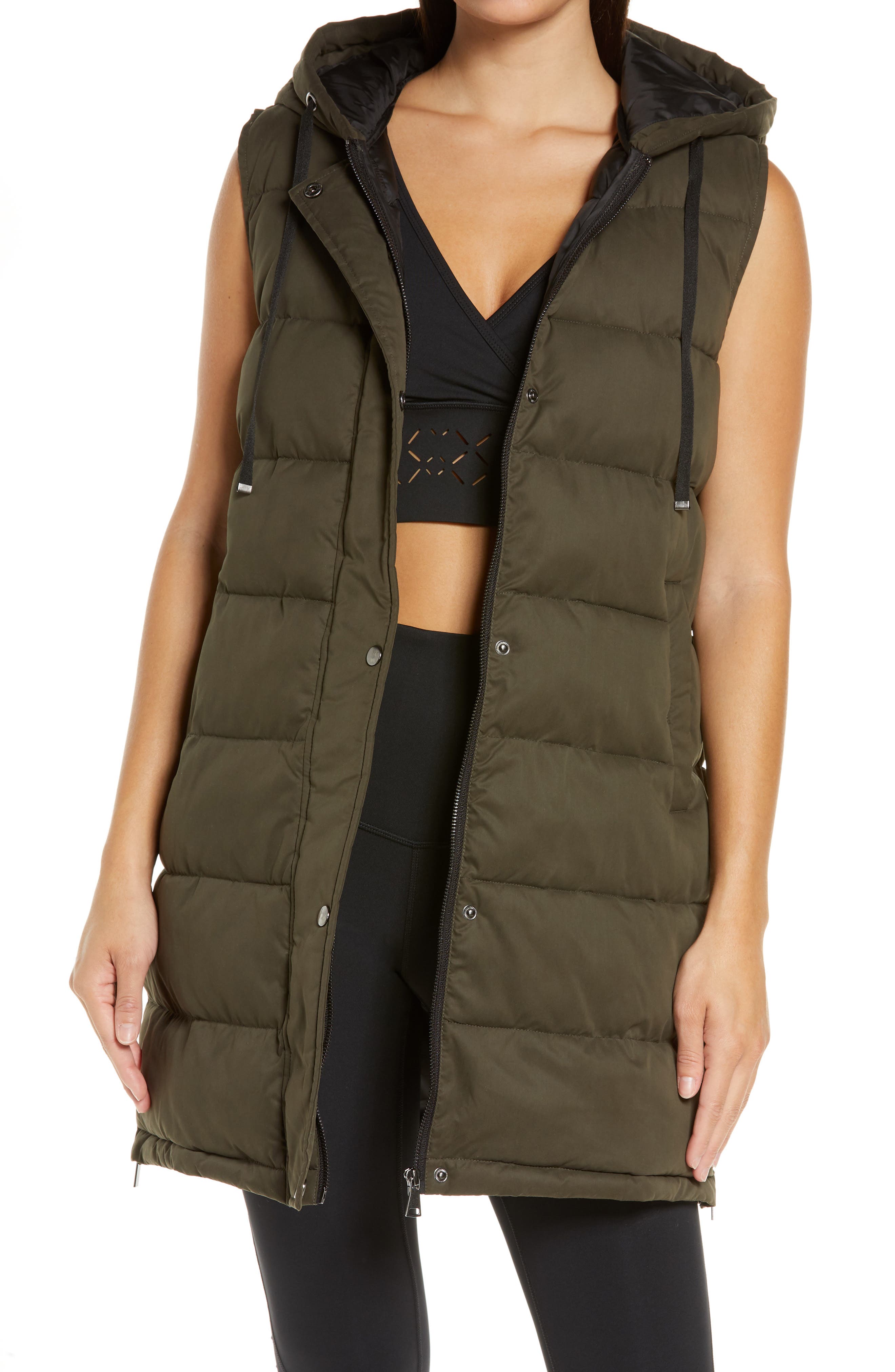 Zella Long Hooded Puffer Vest In Olive Kalamata