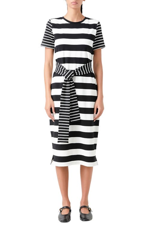 Shop English Factory Stripe Tie Front Midi T-shirt Dress In Black/white