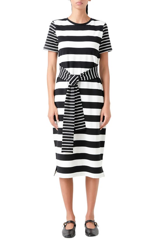 English Factory Stripe Tie Front Midi T-shirt Dress In Black/ White