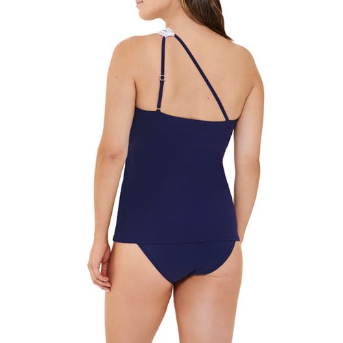 Shop Christina Elevated Palm Keyhole One Shoulder Tankini In Navy/white