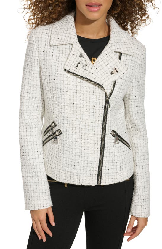 Shop Karl Lagerfeld Pin Detail Tweed Moto Jacket In White Multi