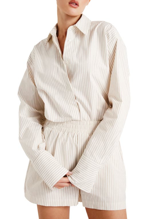 Good American Stripe Stretch Cotton Poplin Button-Up Shirt Putty Pencil Stripe003 at Nordstrom,