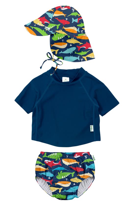 Green Sprouts Babies' Bucket Sun Hat, Long Sleeve Rashguard & Reusable Swim Diaper Set In Navy Whale League
