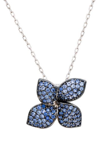 Suzy Levian Blue Sapphire And Diamond Accent In Black Sterling Silver Abstract Flower Pendant In Metallic