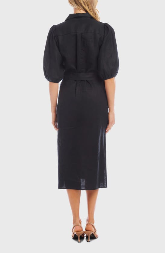 Shop Karen Kane Puff Sleeve Linen Midi Shirtdress In Black