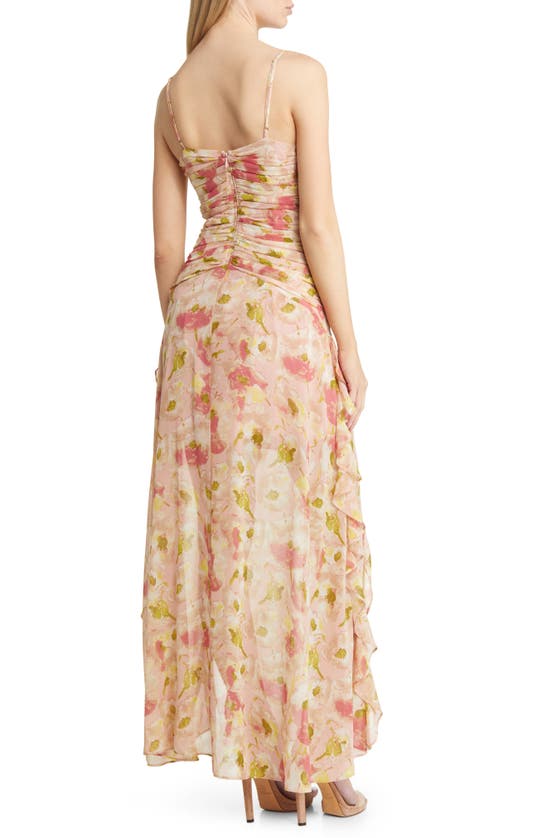 Floret Studios Floral Ruched Bodice Cascading Ruffle Maxi Dress In ...