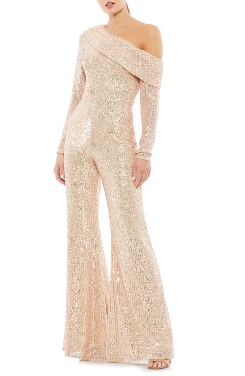 Mac Duggal Sequin One-Shoulder Long Sleeve Jumpsuit in Rose Gold