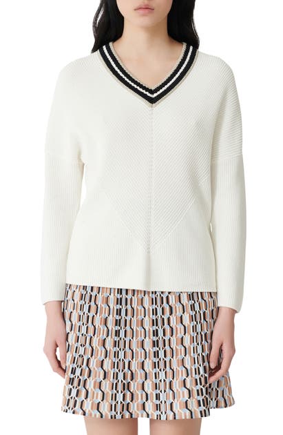 MAJE METALLIC DETAIL V-NECK COTTON SWEATER,MFPPU00321