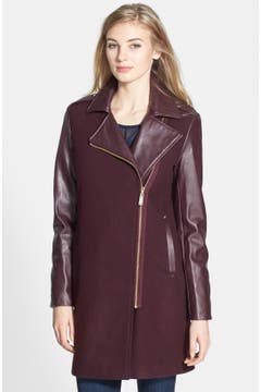 Vince Camuto Asymmetrical Zip Wool Blend & Faux Leather Coat | Nordstrom