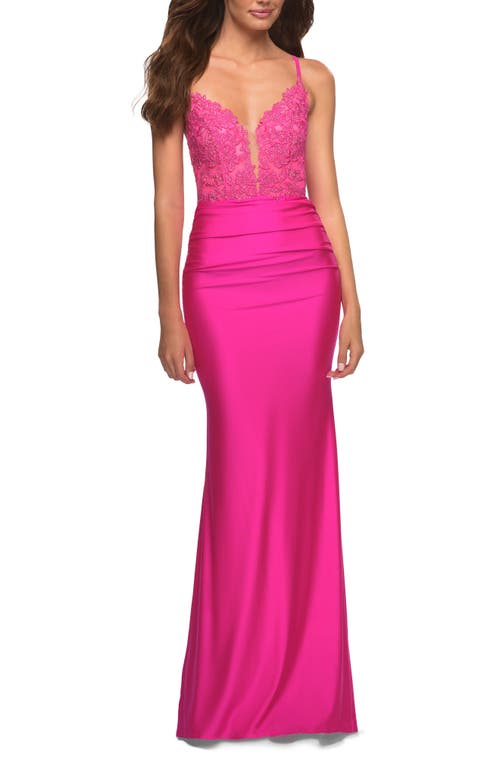 La Femme Illusion Plunge Mermaid Gown Neon Pink at Nordstrom,