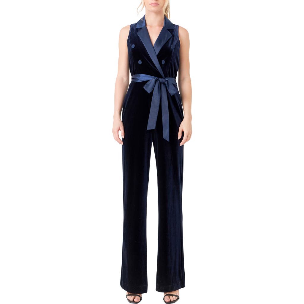 Shop Endless Rose Satin Trim Velvet Jumpsuit In Navy