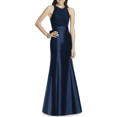 Alfred Sung Mikado Jersey Bodice Trumpet Gown, Blue