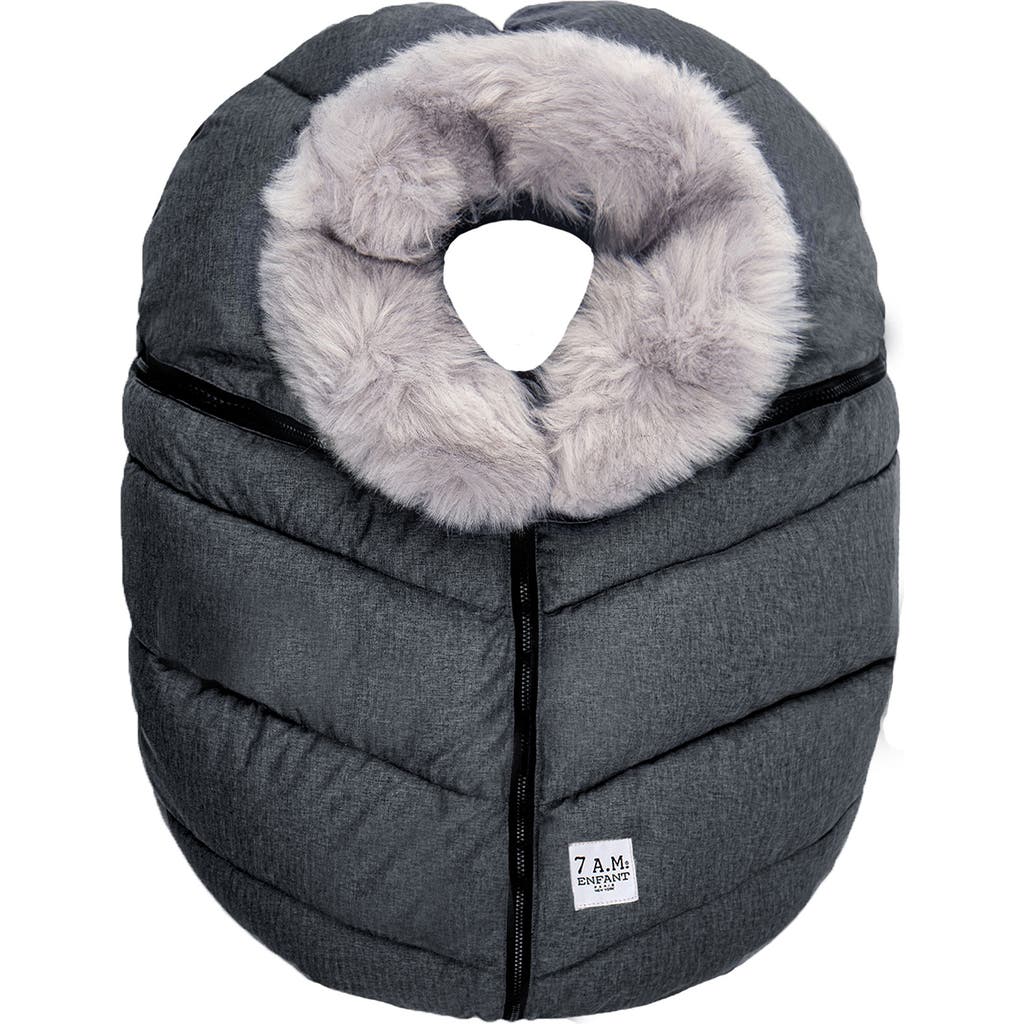 7 A.M. Enfant Water Repellent Faux Fur Trim Car Seat Cocoon in Dark Heather Grey Faux Fur