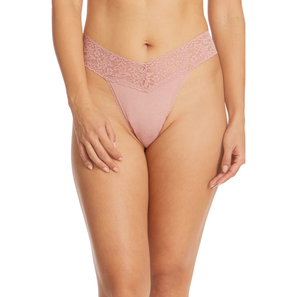 Hanky Panky Cotton & Stretch Lace Original Rise Thong In Rooibos Beige