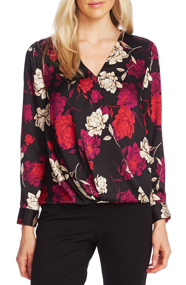 VINCE CAMUTO Enchanted Floral Faux Wrap Top, Main, color, TULIP RED
