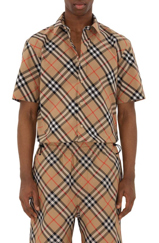 Shop Burberry Check Short Sleeve Cotton Poplin Button-up Shirt In Sand Ip Check