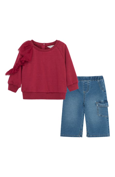 Ruffle Sweatshirt & Wide Leg Knit Jeans Set (Baby)