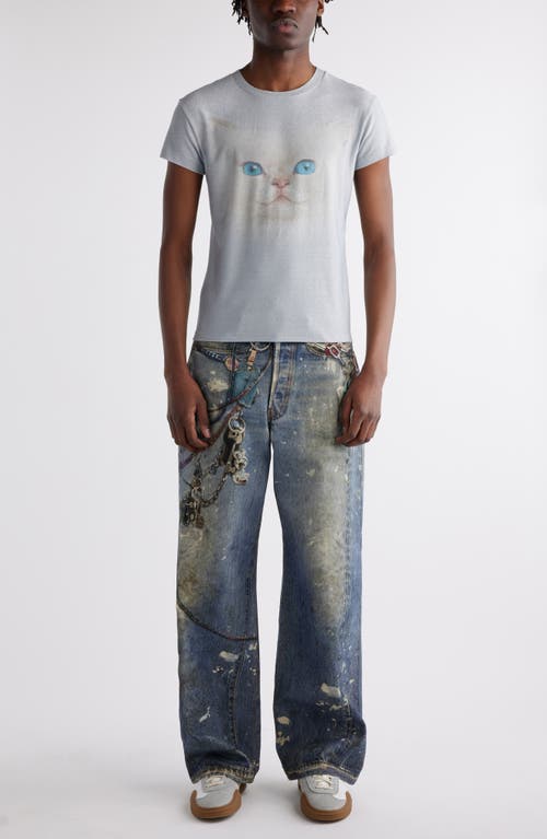 Shop Acne Studios Glitter Cat Graphic T-shirt In Pale Blue