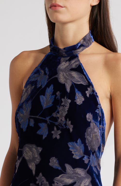 Lulus Dreamy Blossom Burnout Velvet Halter Gown In Blue Floral