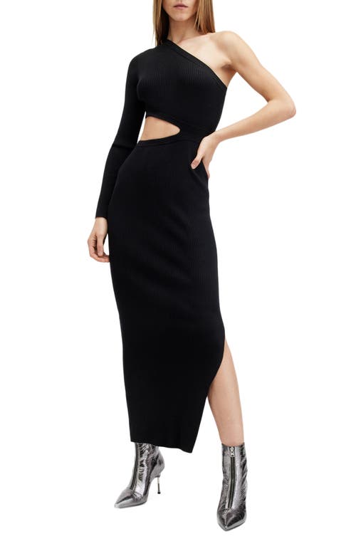 Shop Allsaints Daisy Cutout One-shoulder Rib Maxi Sweater Dress In Black